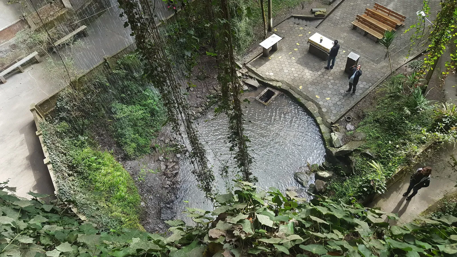 Gruta com um poço de água verde e uma pequena queda, cercada de plantas, vista de cima